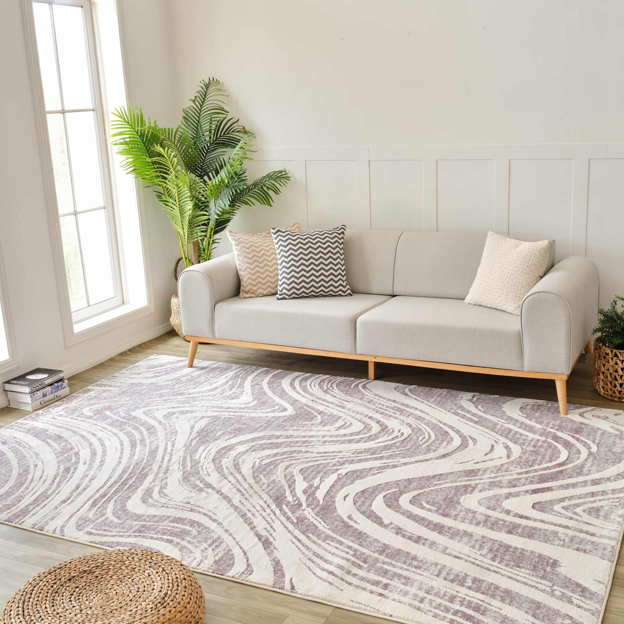 Tapis d'interieur abstrait Rug Branch Nomad, beige violet, cotier - Salon, chambre, salle a manger et cuisine