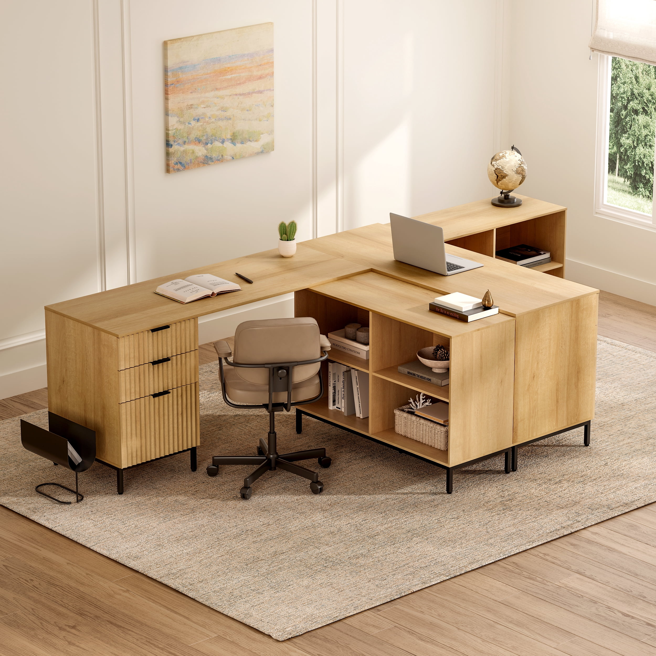 EYYTHUNG 60" Fluted Executive Desk with Storage Cabinet, Modern Home Office Desk with File Drawer, L Shaped Writing Desk