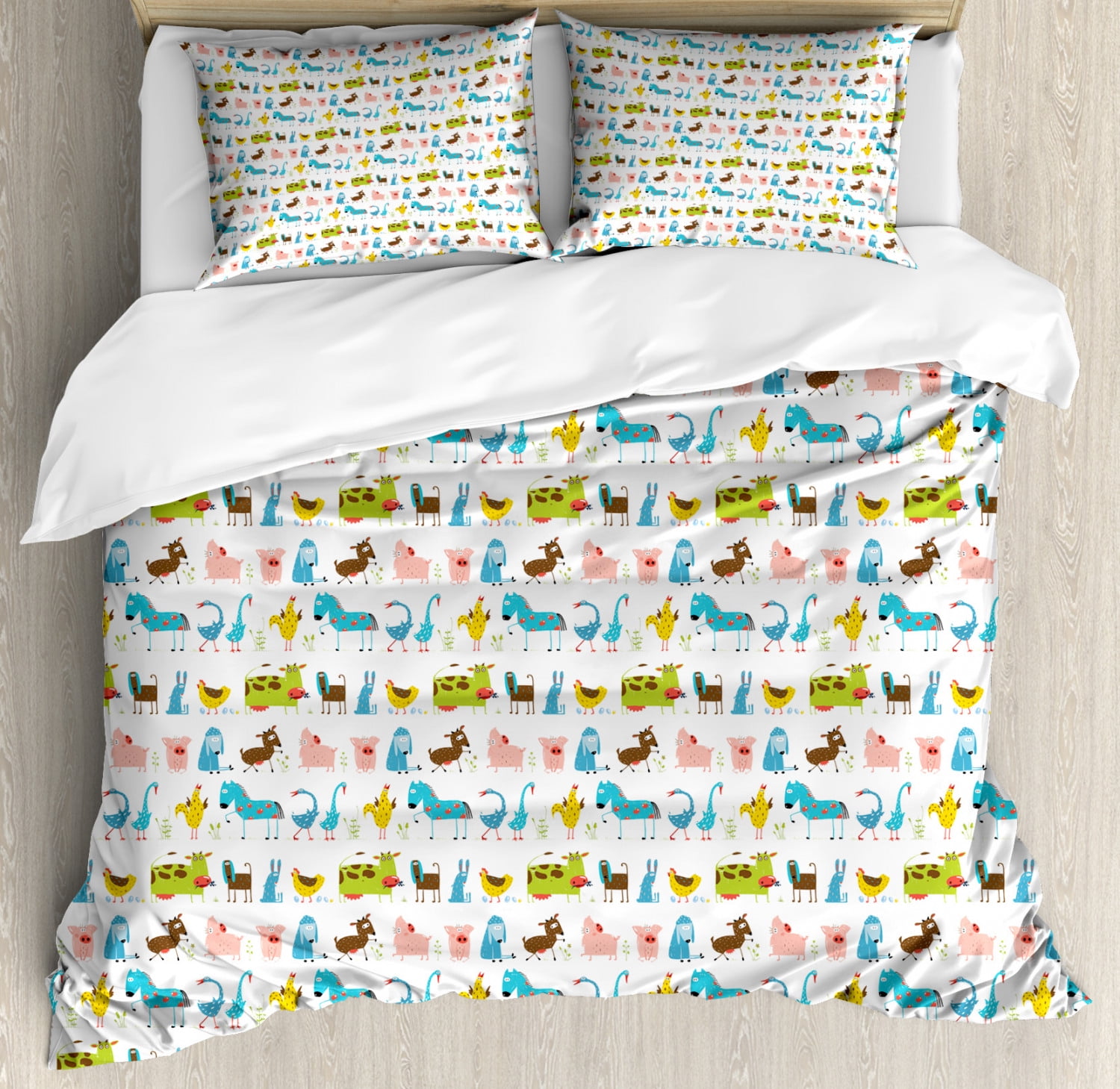 Kids King Size Duvet Cover Set Domestic Farm Animals Horse Pig