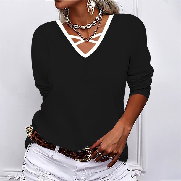 ICHUANYI Clearance Ladies Fashion Retro Color Long Sleeve V-neck Shirt Woman Casual Loose ICHUANYI "ICHUANYI"