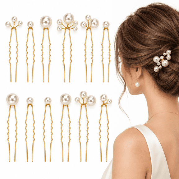 12 PCS Wedding Pearl Hair Pins,Bridal Hair Accessories Handmade Classic U Shape Set for Women Girls Brides Bridesmaids Party,Gold
