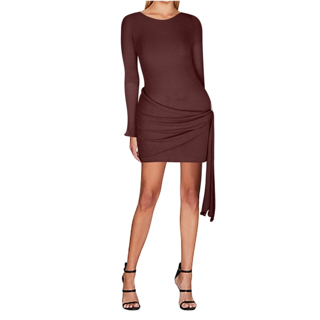 cfhntfmh Robes à Manches Longues pour Femmes Robe Mini Élégante Col Rond Automne Extensible Côté Cordon de Serrage Robe T-Shirts Moulante