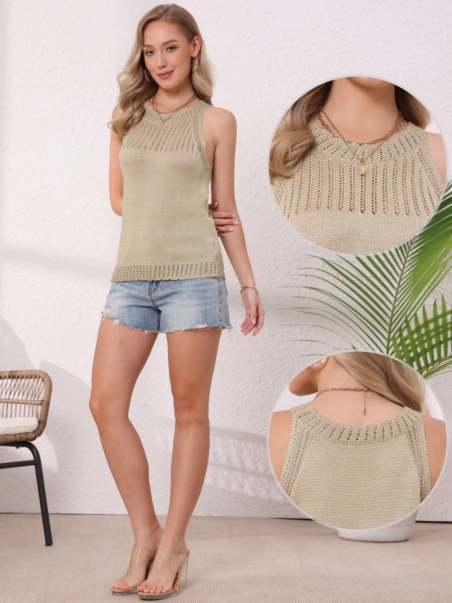 DARING DIVA Women's Casual Crew Neck Sleeveless Sweater Vest Beach Top S Khaki
