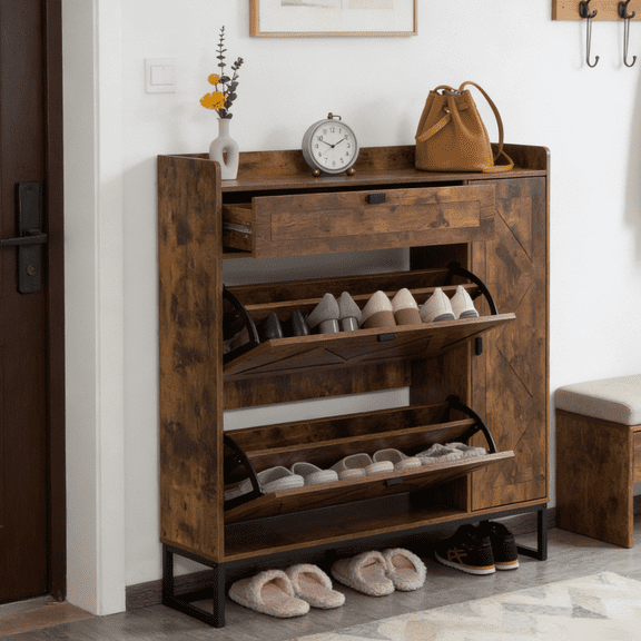 BSHTI Shoe Storage Cabinet with 2 Flip Drawers & Side Cabinet, High-Quality MDF in a Rustic Brown Finish, Adjustable & Versatile Storage, Easy Assembly