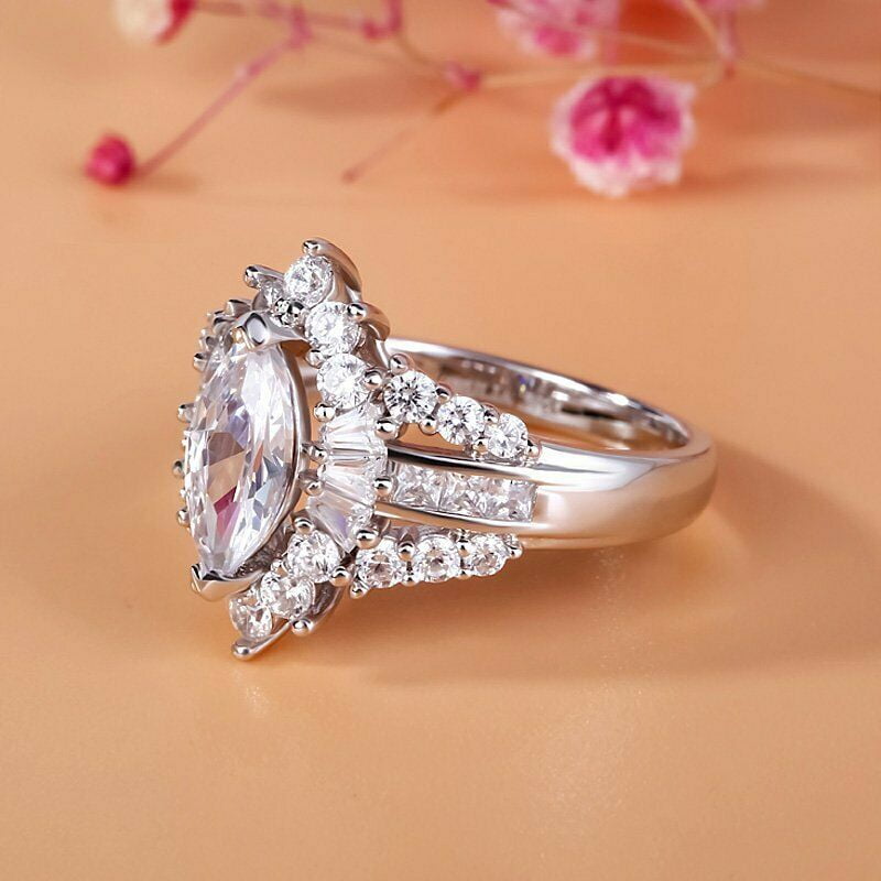 HeartsAndYou 3.5ct Marquise Moissanite Halo Gatsby Cocktail Engagement Ring for Women 18k White Gold over Silver For Women