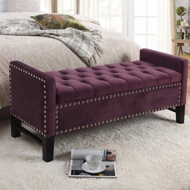 Inspired Home Megalan Velvet Storage Bench Button Tufted Silver Nailhead Trim Modern, Plum