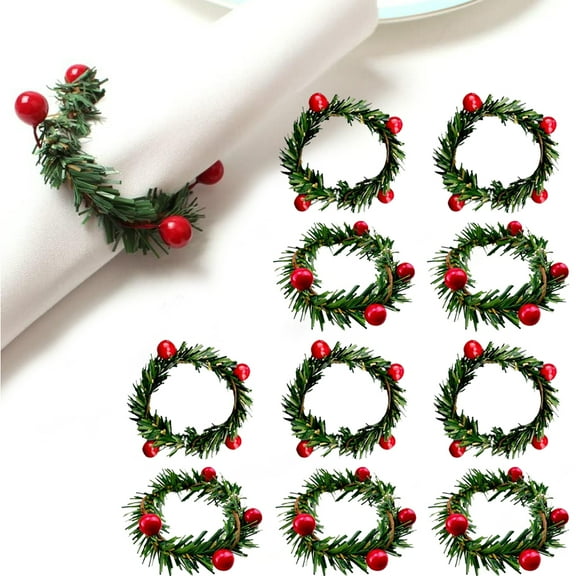 Christmas Napkin Rings, Christmas Napkin Holder, Holly Berry Candle Wreath for Banquet Table Decorations, Set of 10
