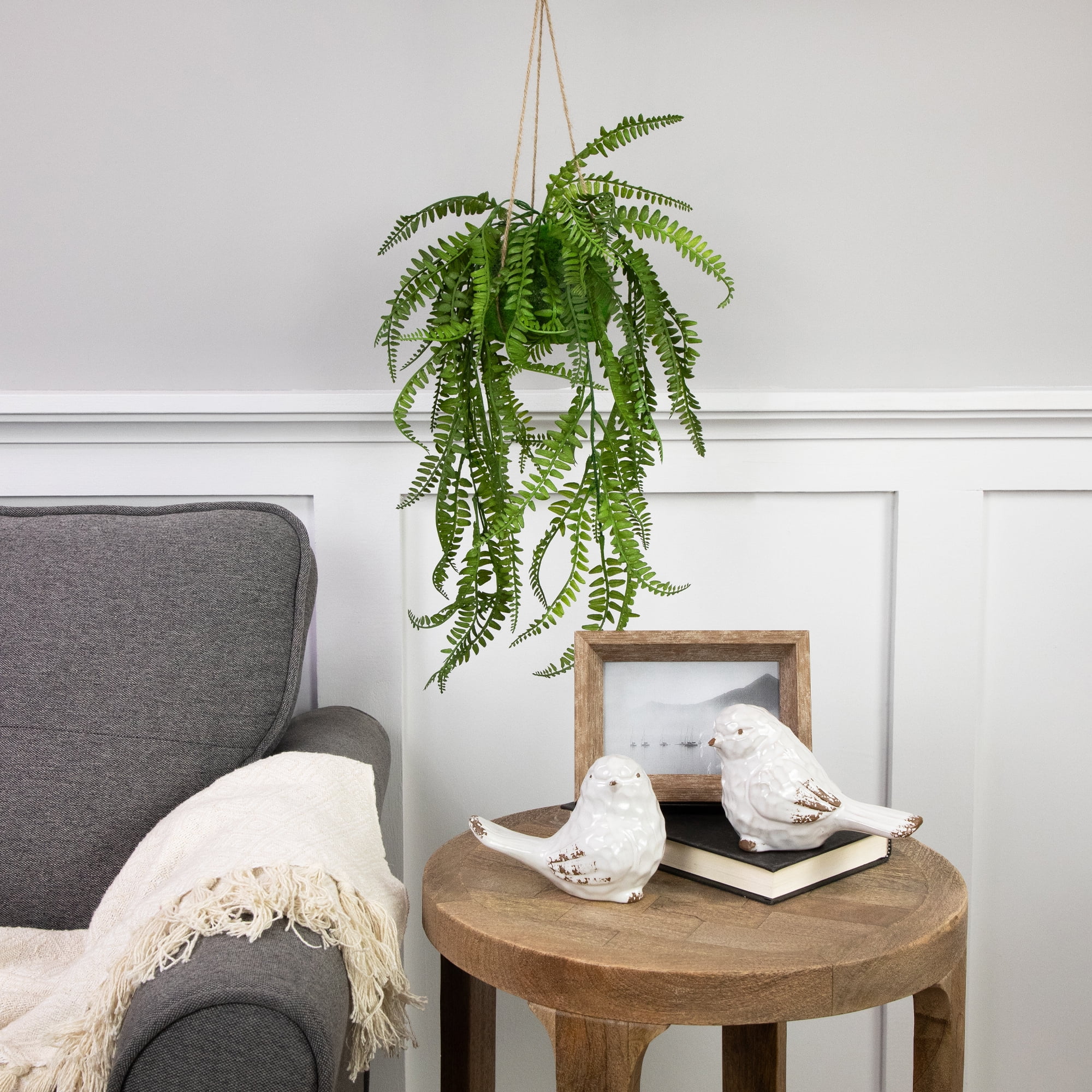 Northlight Artificial Fern Plant with Moss Ball and Hanging Jute Cord - 18"