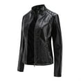 thumbnail image 3 of AZoiNM Women's Solid Textured PU Leather Jacket Stand Collar Casual Long Sleeve Coat, 3 of 13