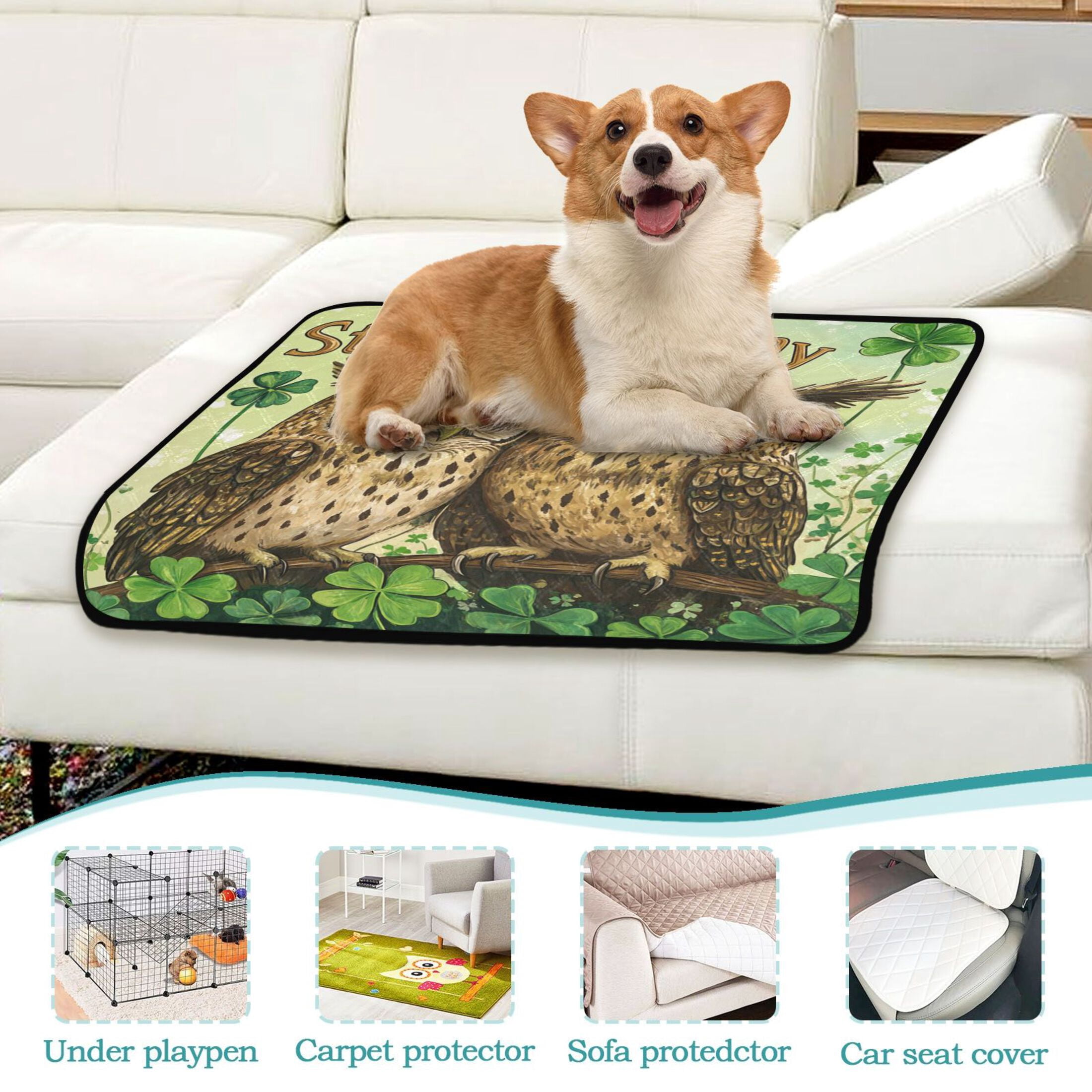 Qxltty Stpatricks Day Cute Owls Cat litter Pads Pet Set of 3 Diaper Mats Center Anti-leakage Layer Absorbent Soft and Comfortable