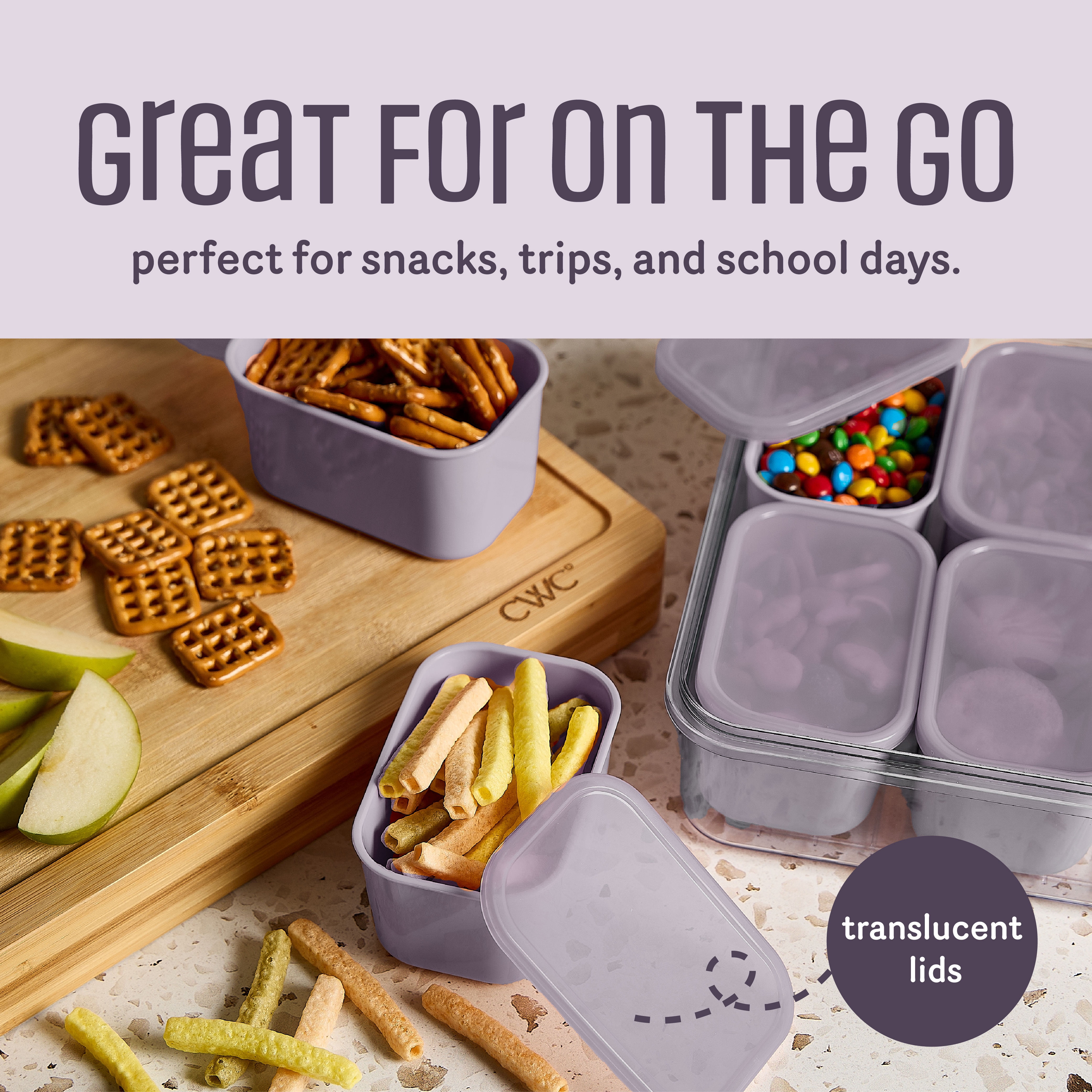 Cook With Color 8-Compartment Snackle Box Food Storage Carrier and Container, Charcuterie Container, Divided Serving Tray with Lids and Handle, Purple, Portable and Dishwasher Safe