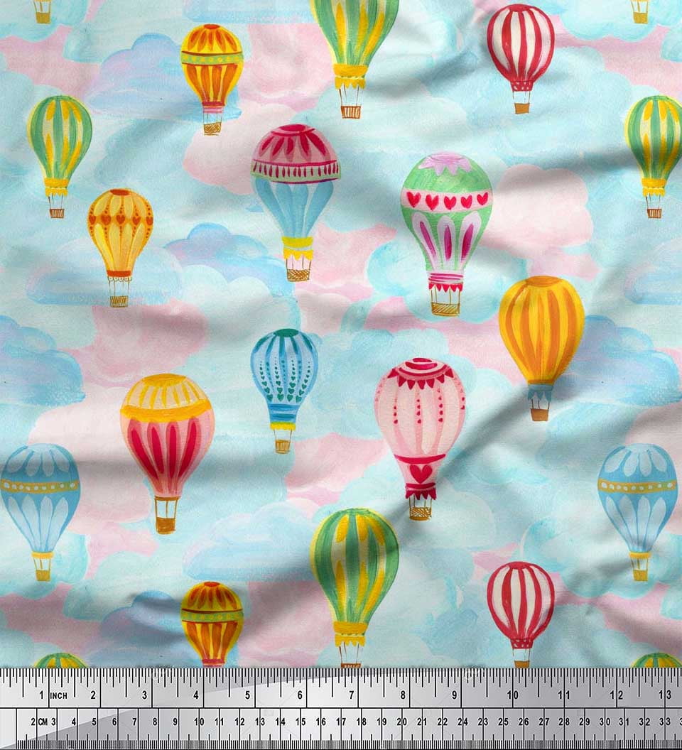 Cloud & Hot Air Balloon Print Cotton Canvas Fabric - 56 Inch Wide By The Yard