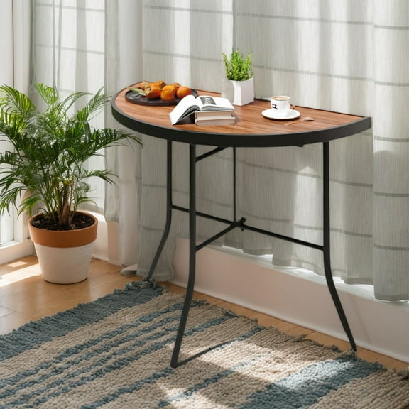 Demifill Half-Round Folding Event Table with Metal Frame, Patio Dining Table for Outdoor as Garden, Backyard, Porch, Brown