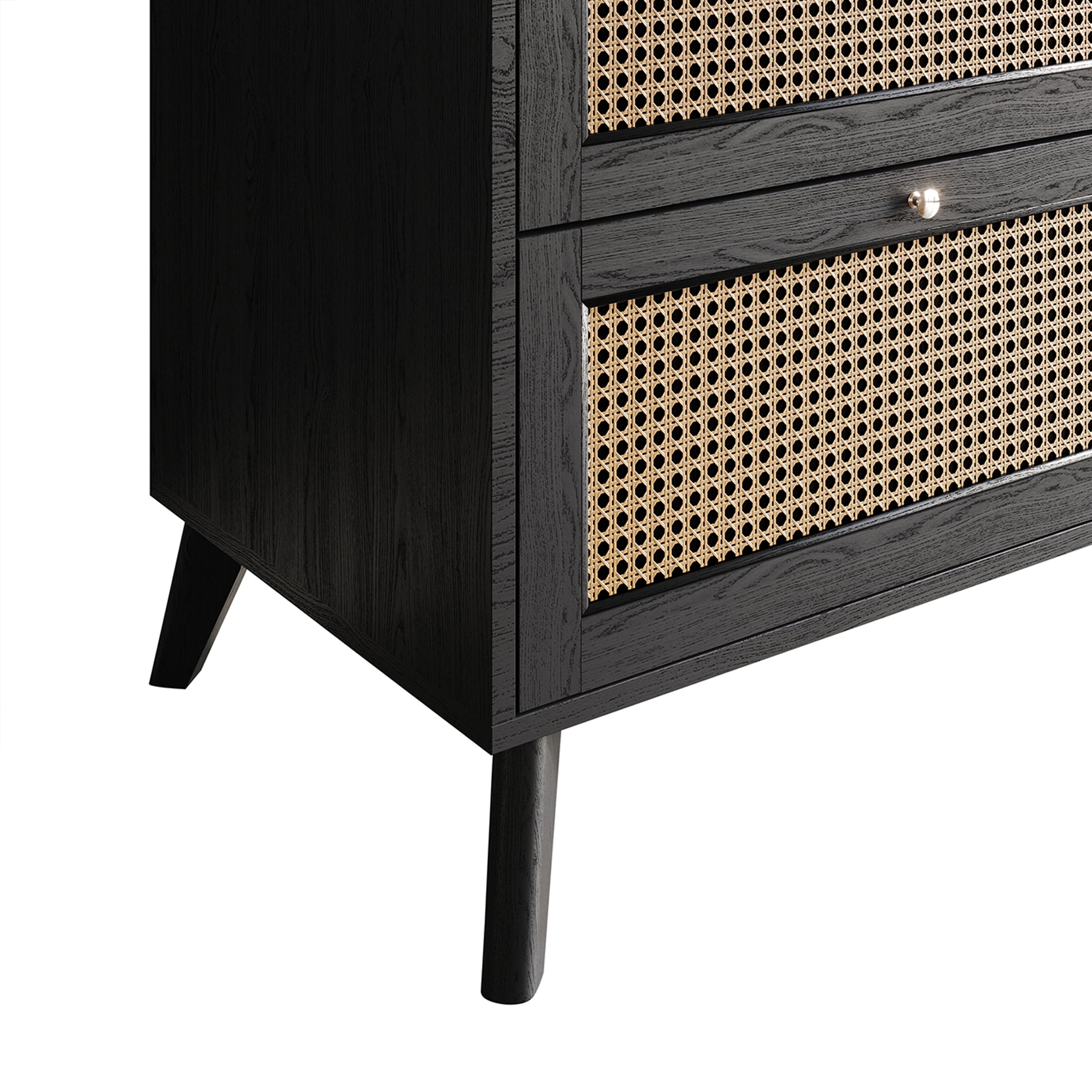 Castle Place Rattan 2 Drawers Wooden Nightstand, Black