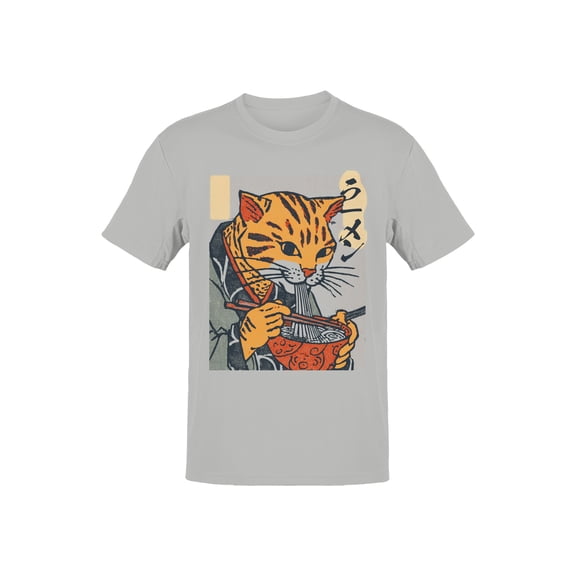 Ramen-Loving Cat Ukiyo-e Art Men's Gray T-shirt