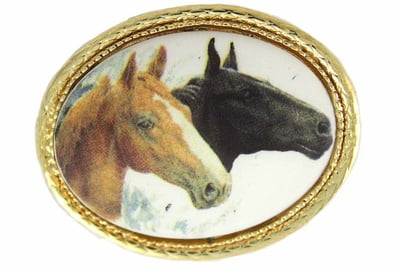 Tan & Black Horse Heads Gold Tone Oval Pin by