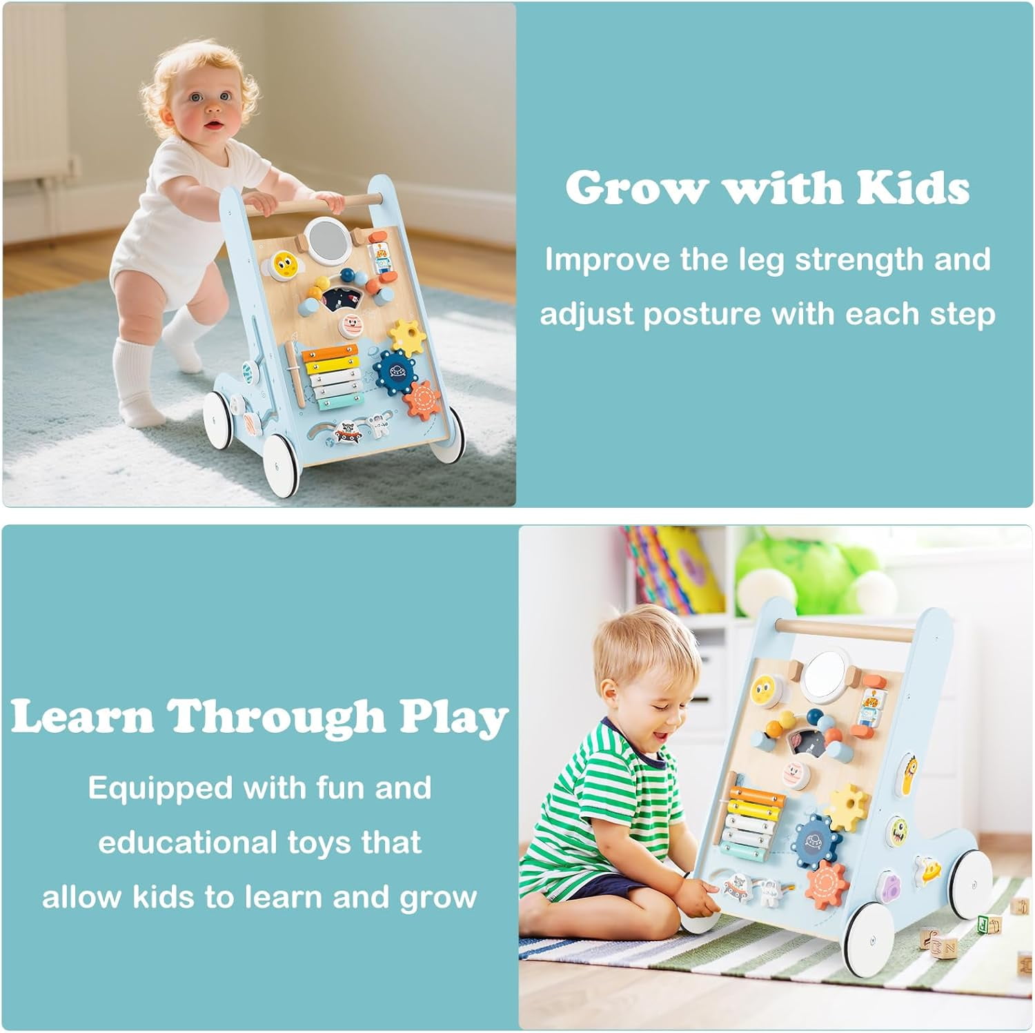 INFANS Wooden Baby Walker, Montessori Walker with Multiple Activity Toys, Storage, Push Walker Toys for Infant Learning to Walk, Sit to Stand Walker for Boys Girls