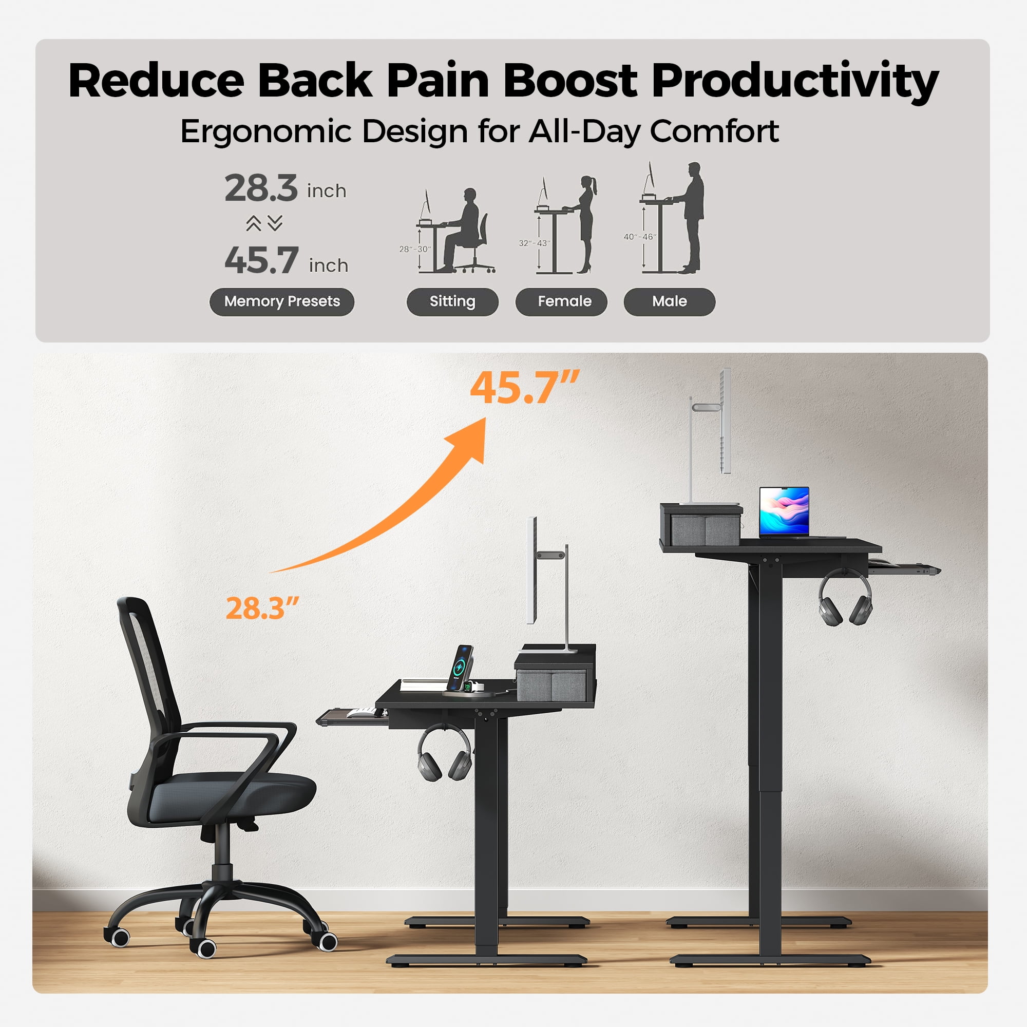 47.2 Inch Electric Standing Desk with 2 Drawers & Keyboard Tray, Adjustable Home Office Desk Ergonomic Sit to Stand Computer Desk with Hooks for Gaming & Work,Black