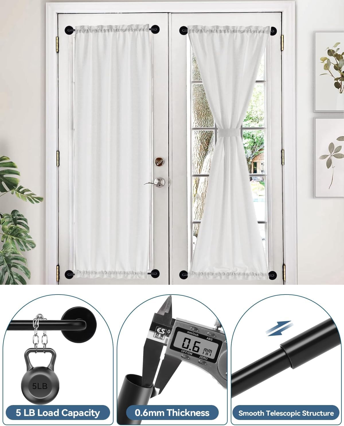 WarmHaven 2 Pack Magnetic Curtain Rod for Metal Doors, French Door Curtain Rods Adjustable from 17 to 30 Inch, 3/8 Inch Diameter, Magnetic Cafe Curtains Rod, No Tool and Easy Installation, Black