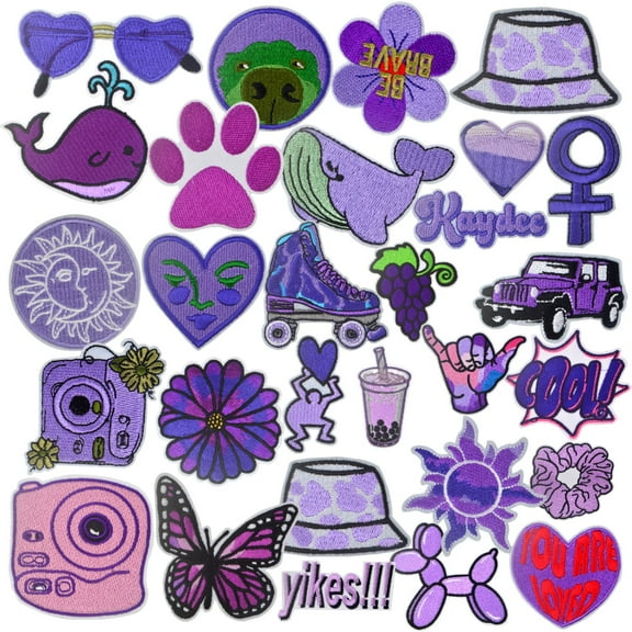 30pcs Purple Series Embroidered Iron on Patches Mixed Daisy Flower Paw Print Letters Sewing Patch Appliques for DIY Clothing Jackets Jeans Pants Backpacks Repair Decoration