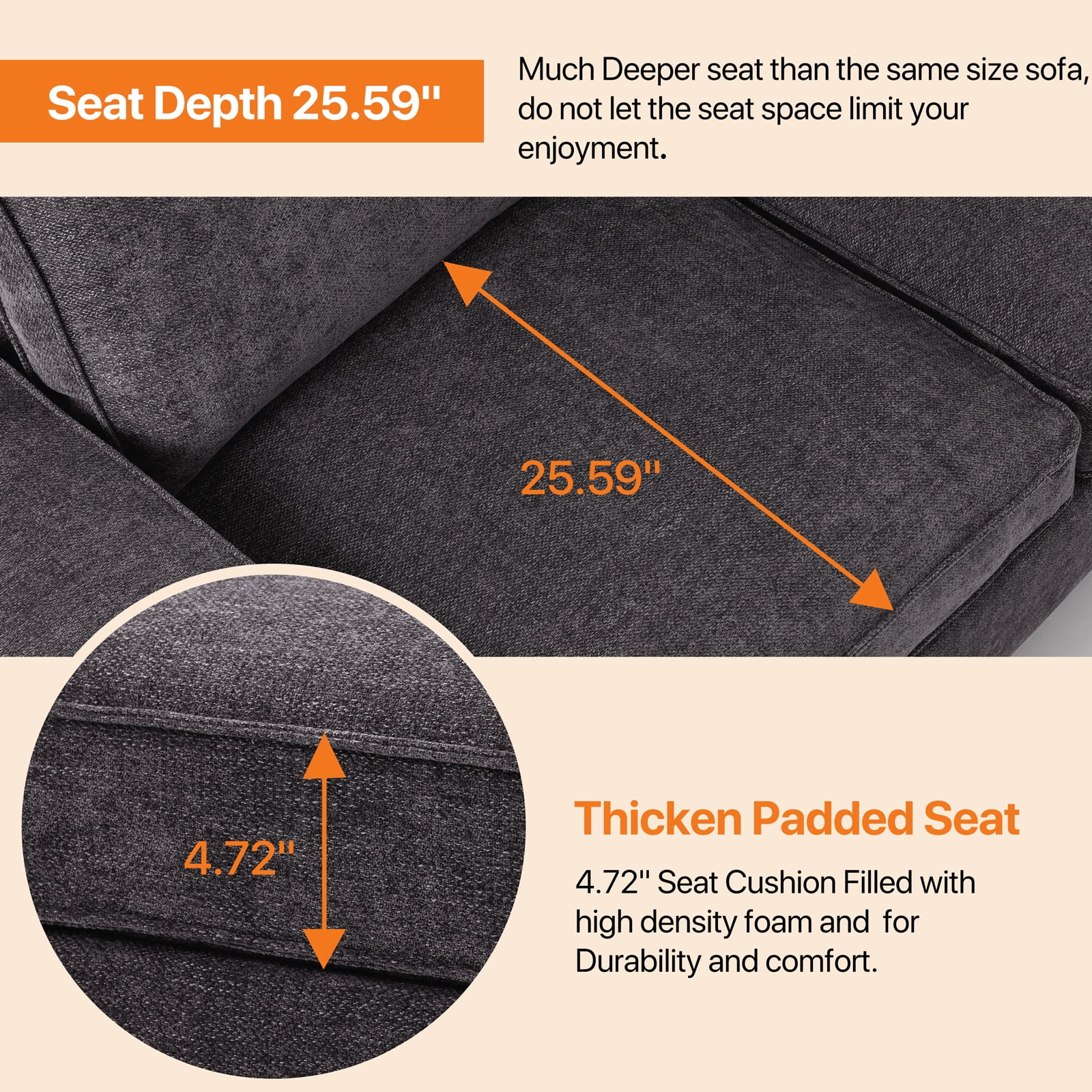 Chenille Loveseat Couch -71.3" Modern Design Sofa with Solid Wood, Metal Frame, Durable，Removable Back Cushion and Seat Cushion, Easy Cleaning(Dark Grey)