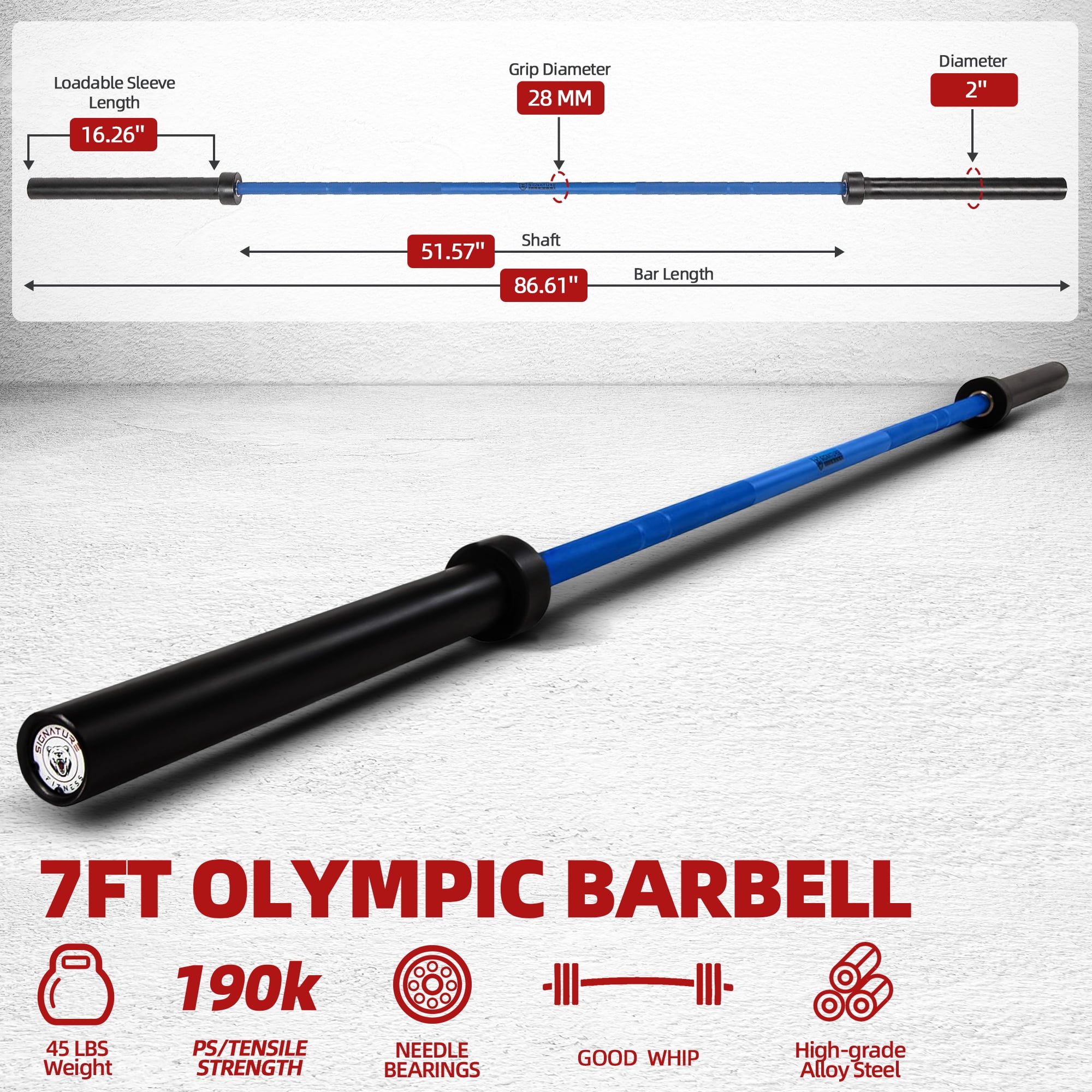 FlexWave Straight Olympic Barbell, Alloy Steel with Ceramic Coating, 2-Inch Diameter, 7FT, Available in Multiple Colors