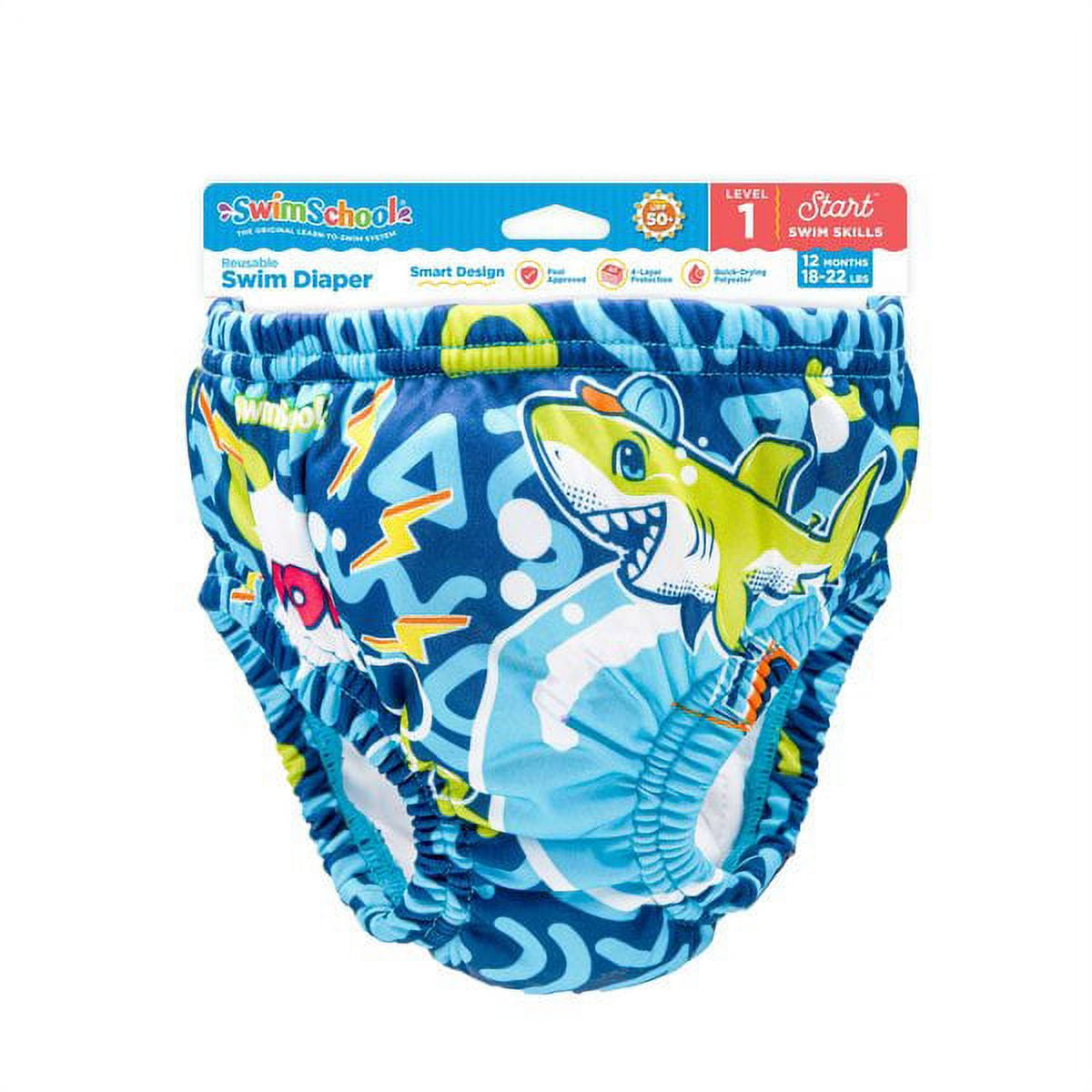 SwimSchool Reusable Swim Diaper, Blue Shark and Octopus, Polyester Material, 12 Months+, 18-22 lb