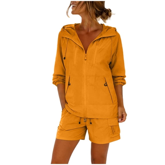Cagogo Women Plus Size 2 Piece Shorts Set V Neck Long Sleeve Jacket Casual Lounge Matching Set Loose Solid Vacation Cruise Outfits Airport Travel Clothes, Orange S