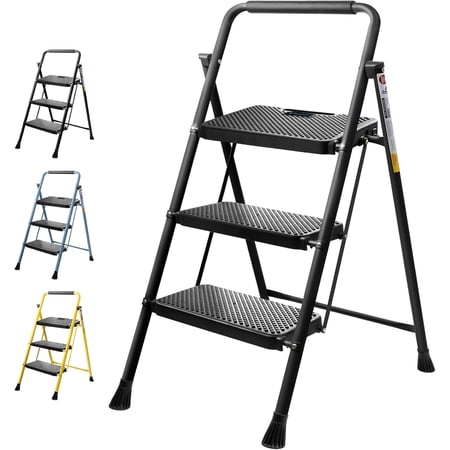 3 Step Ladder, Heavy Duty Foldable Step Stool, Portable Steel Folding Stool for Household Garage Storage (Black)