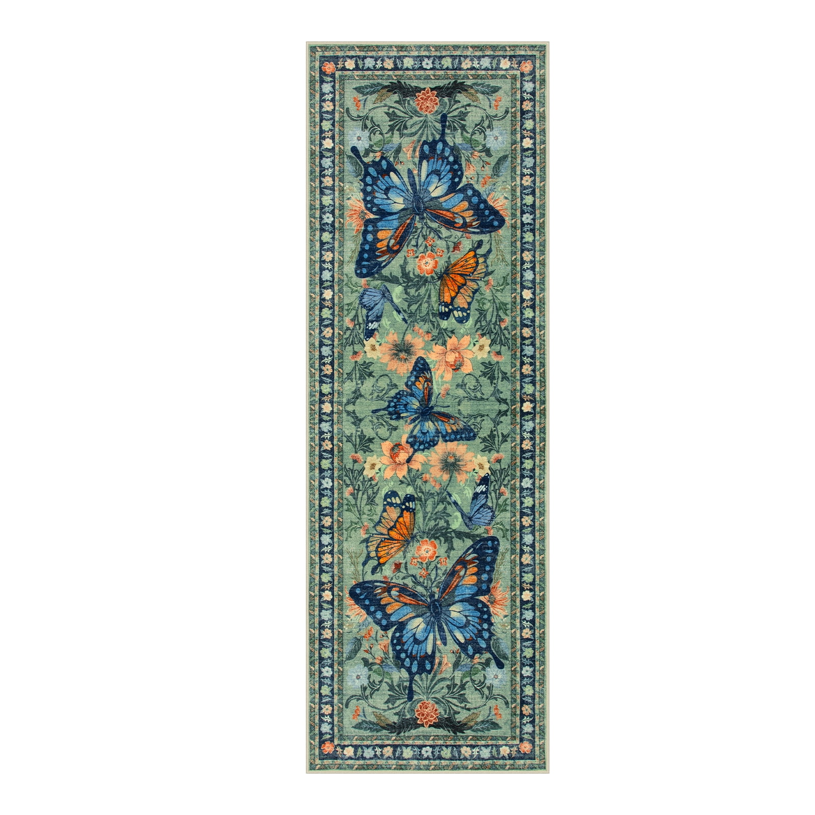 Lahome Decor 2'x6' Butterfly Kitchen Rug,2x6ft Runner Rugs for Hallways, Non-Slip Washable Rugs Stain Resistant Boho Floral Runner Low-Pile Runner Rug Rubber Backing for ‎Bathroom Bedroom,Green