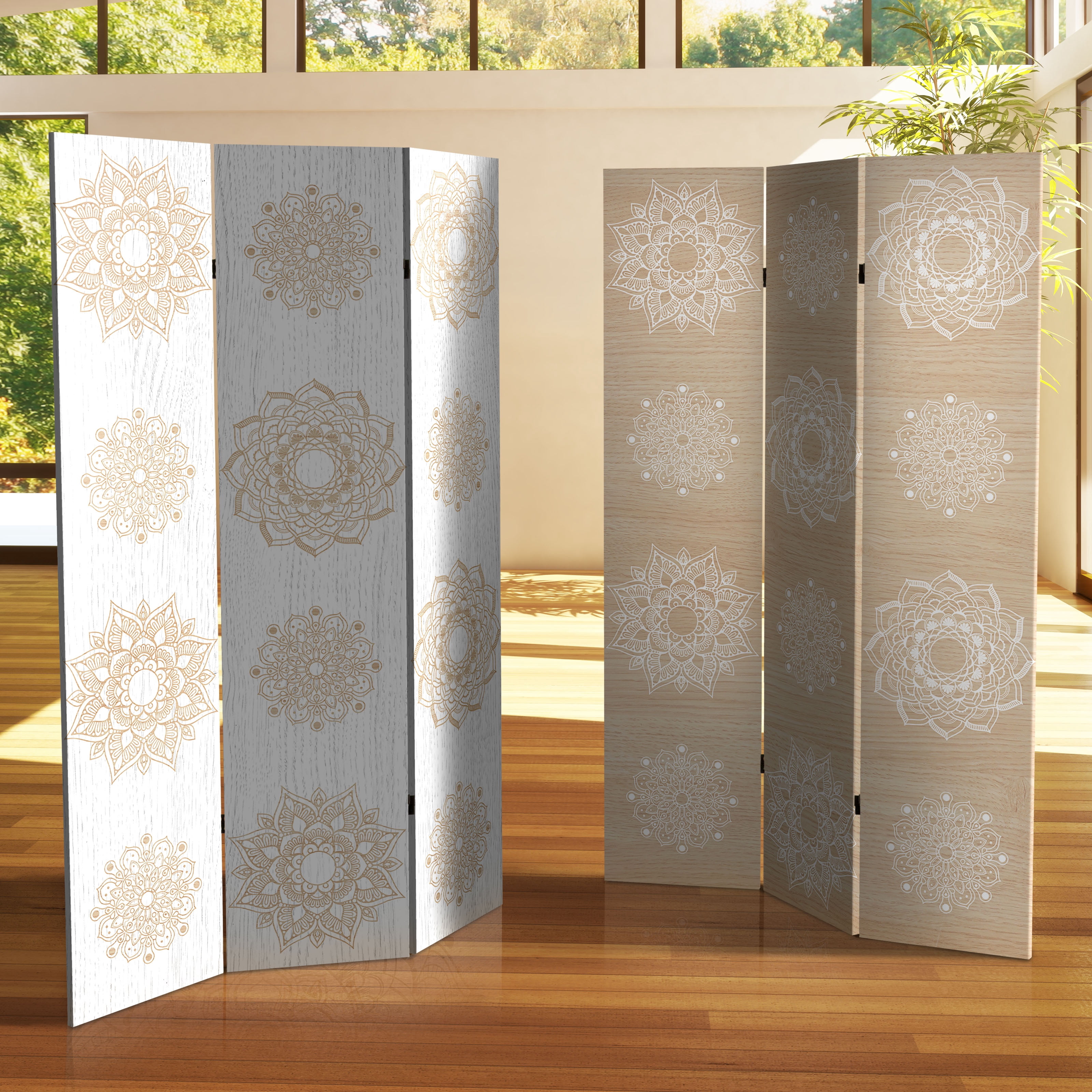 Oriental Furniture 6 ft. Tall Mandala on Birch Canvas Room Divider - 3 Panel