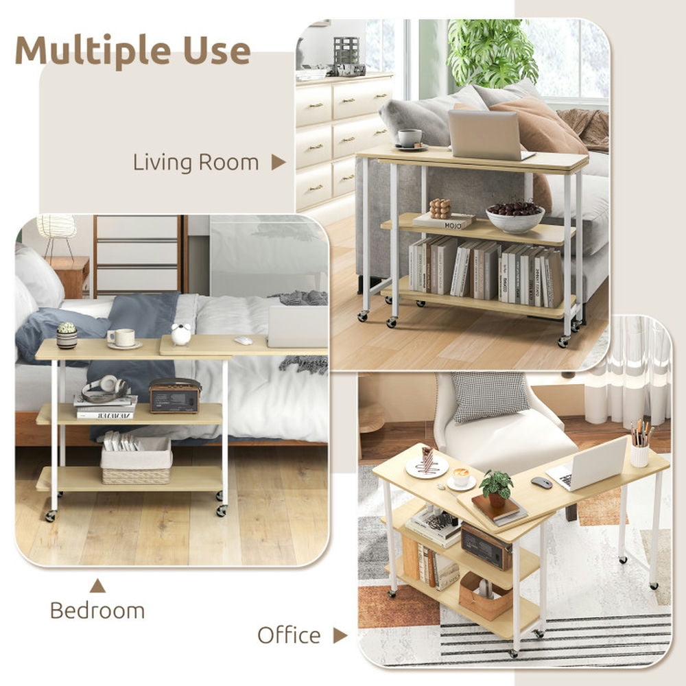 Demi Bonn 360° Rotating Computer Desk with 2-Tier Storage Shelves, Small Home Office Desk Study Writing Table, Beige