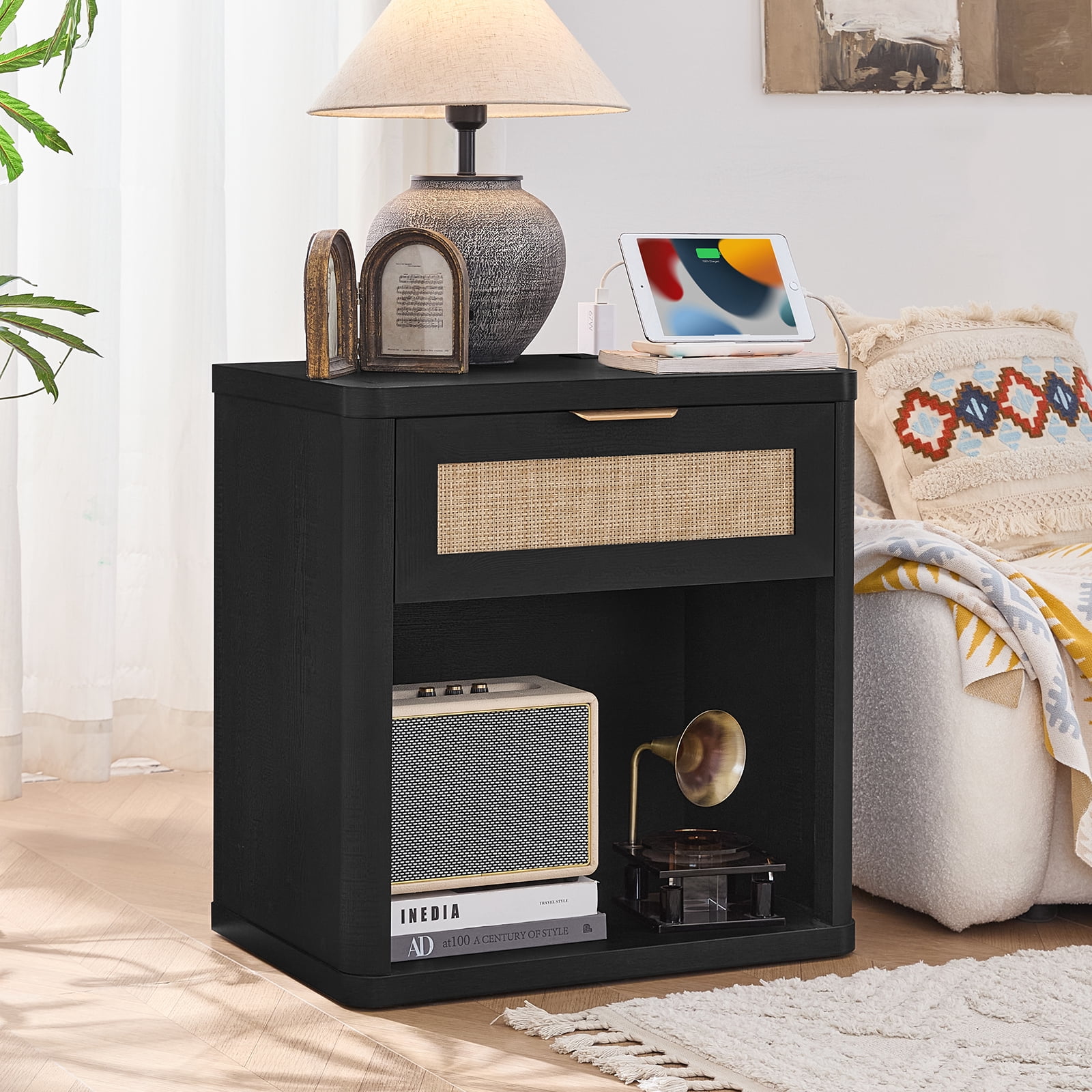 LELELINKY Rattan Nightstand with Charging Station, 23" Wide Boho Bedside Table with Drawer and Shelf for Bedroom, Living Room, Black