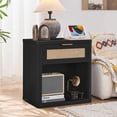 thumbnail image 3 of LELELINKY Rattan Nightstand with Charging Station, 23" Wide Boho Bedside Table with Drawer and Shelf for Bedroom, Living Room, Black, 3 of 8