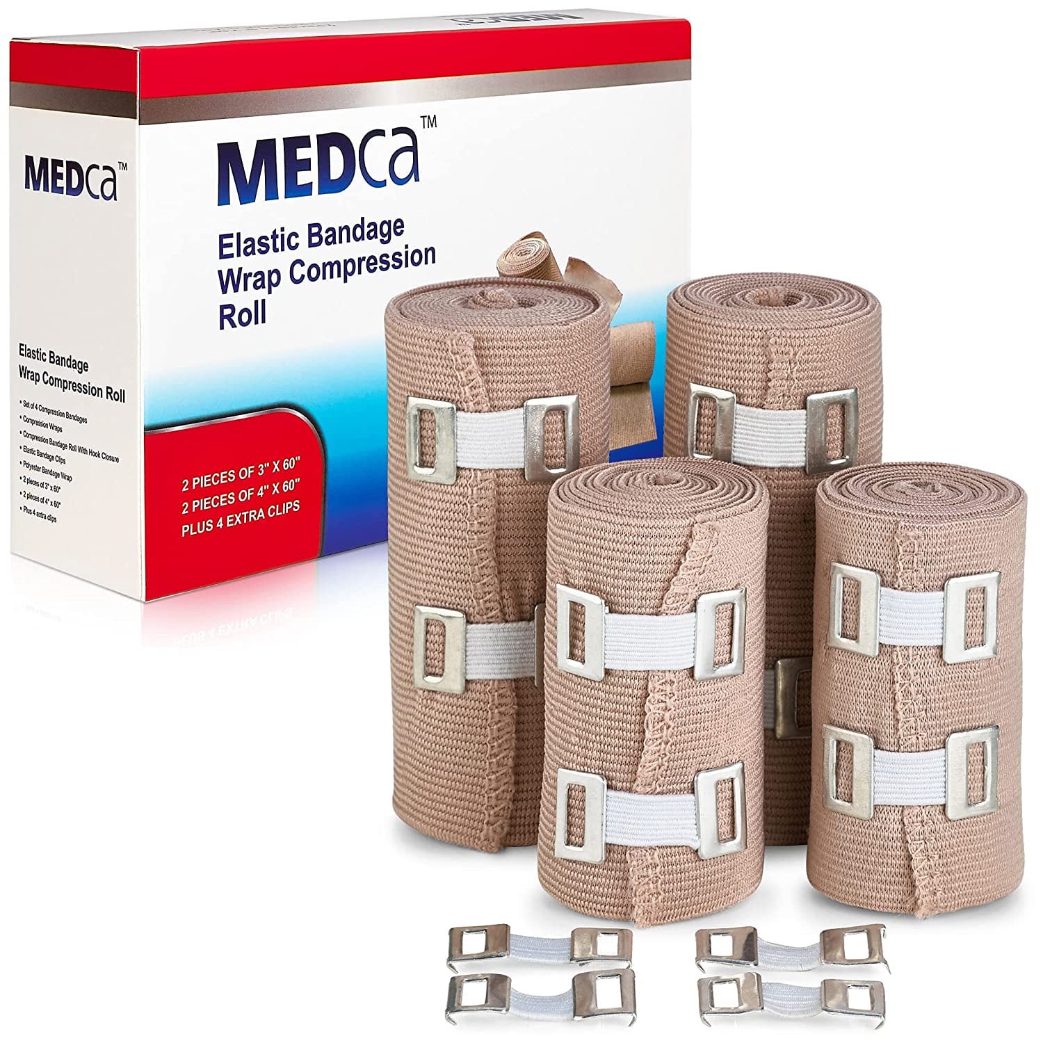 MEDca Soft Elastic Compression Bandage Wrap â€“ 4 Count Bandage Roll (Pack of 1)