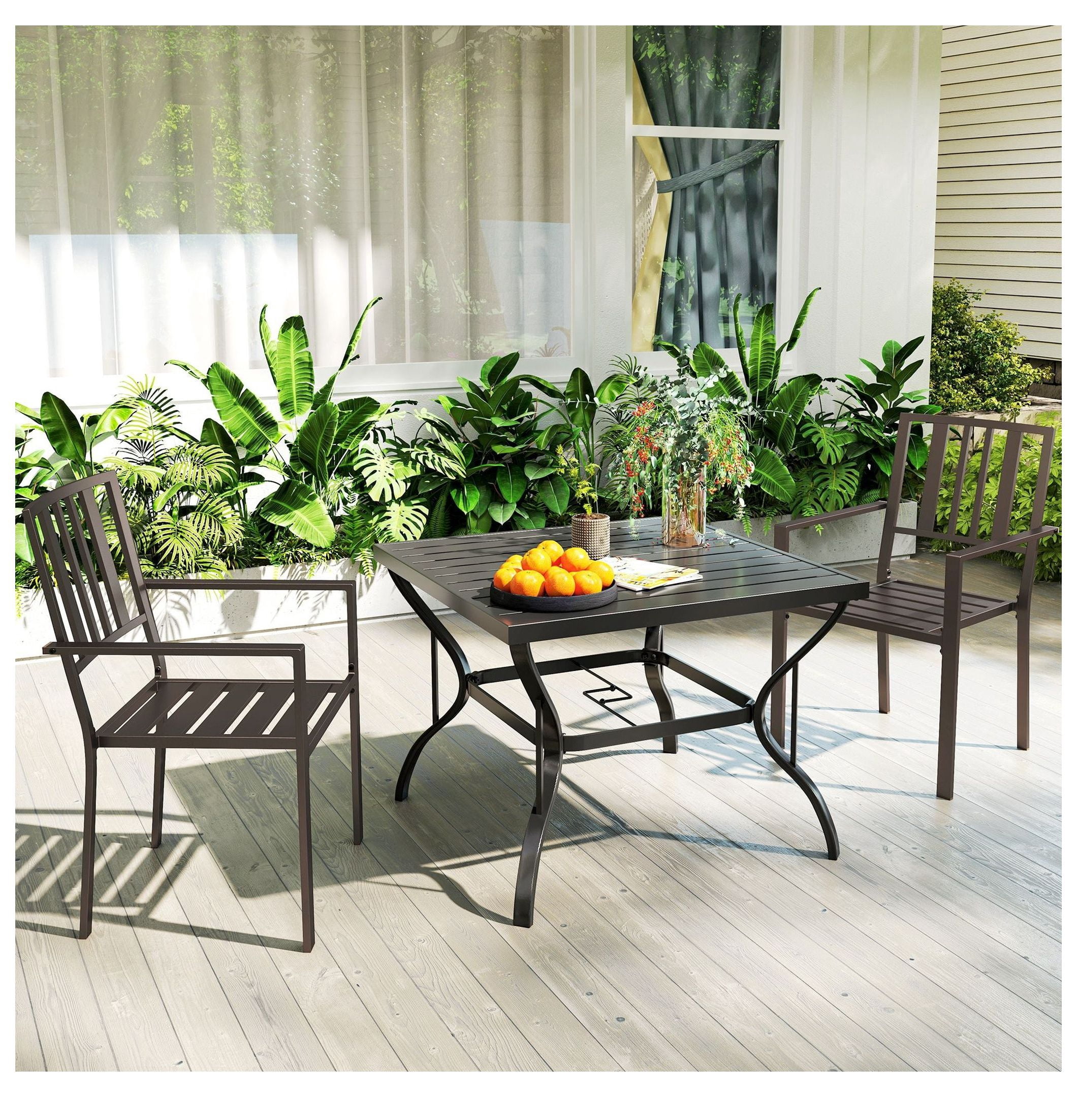 Metal Patio Dining Chairs Set of 2, Dark Brown Slatted Outdoor Chairs