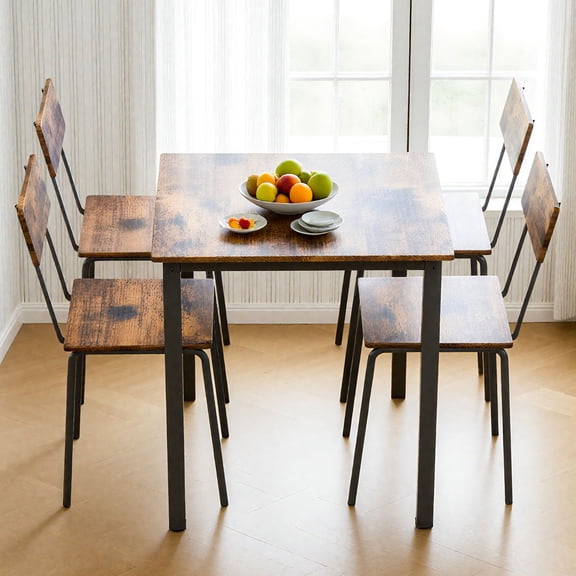 S-HOME Modern 5 Piece Metal And Wood Dining Table Set In Dark Walnut For 4 Complete With Stylish Chairs Furniture