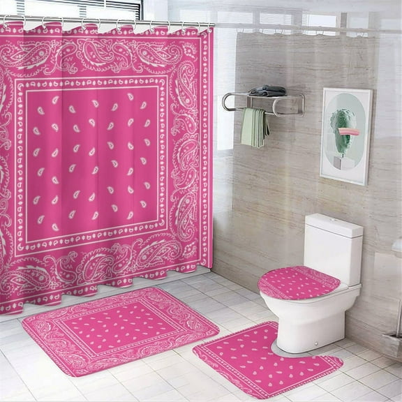 Bandana Pattern Shower Curtain Set Modern Bathroom Decor Mats 4pcs Fabric Bathroom Curtain Slip Floor Rug Toilet Lid