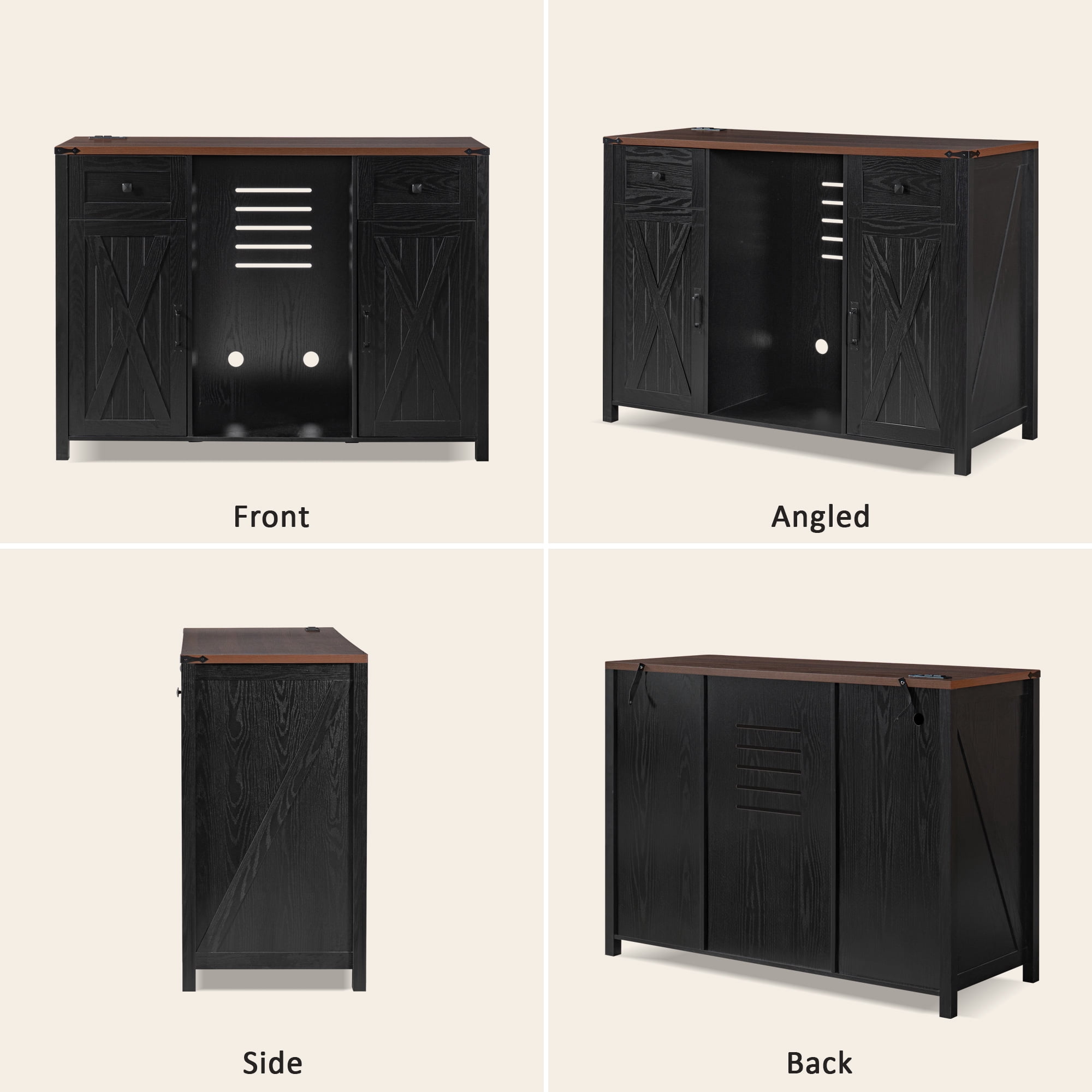 Homy Casa 53.2 in Bar Cabinet with Mini Fridge Space, Wine Glass Rack, Drawers and Power Outlet Black