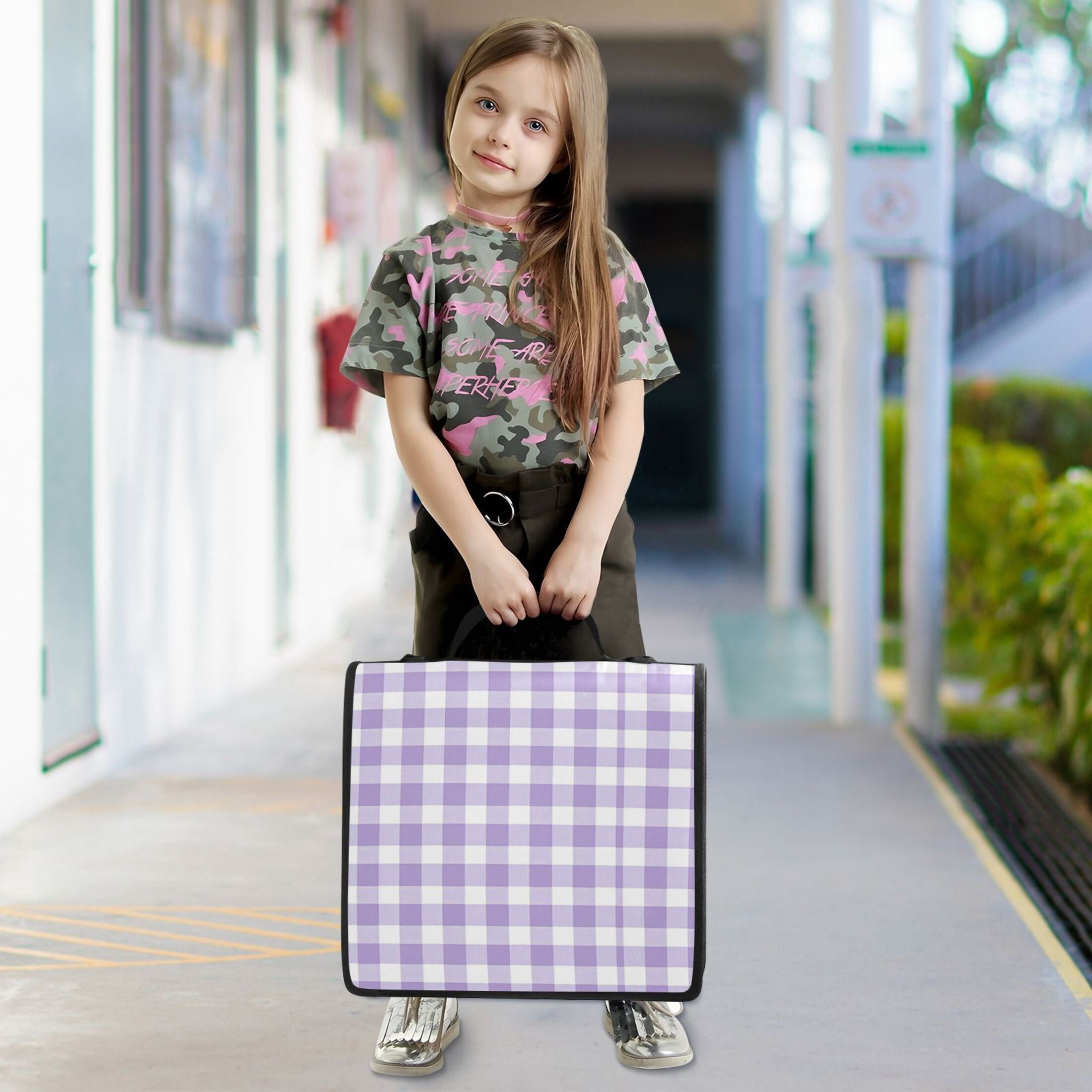 Water-Resistant 3-Ring Binder Organizer with Multiple Pockets Zipper Binder Bag for Office Purple and White Plaid