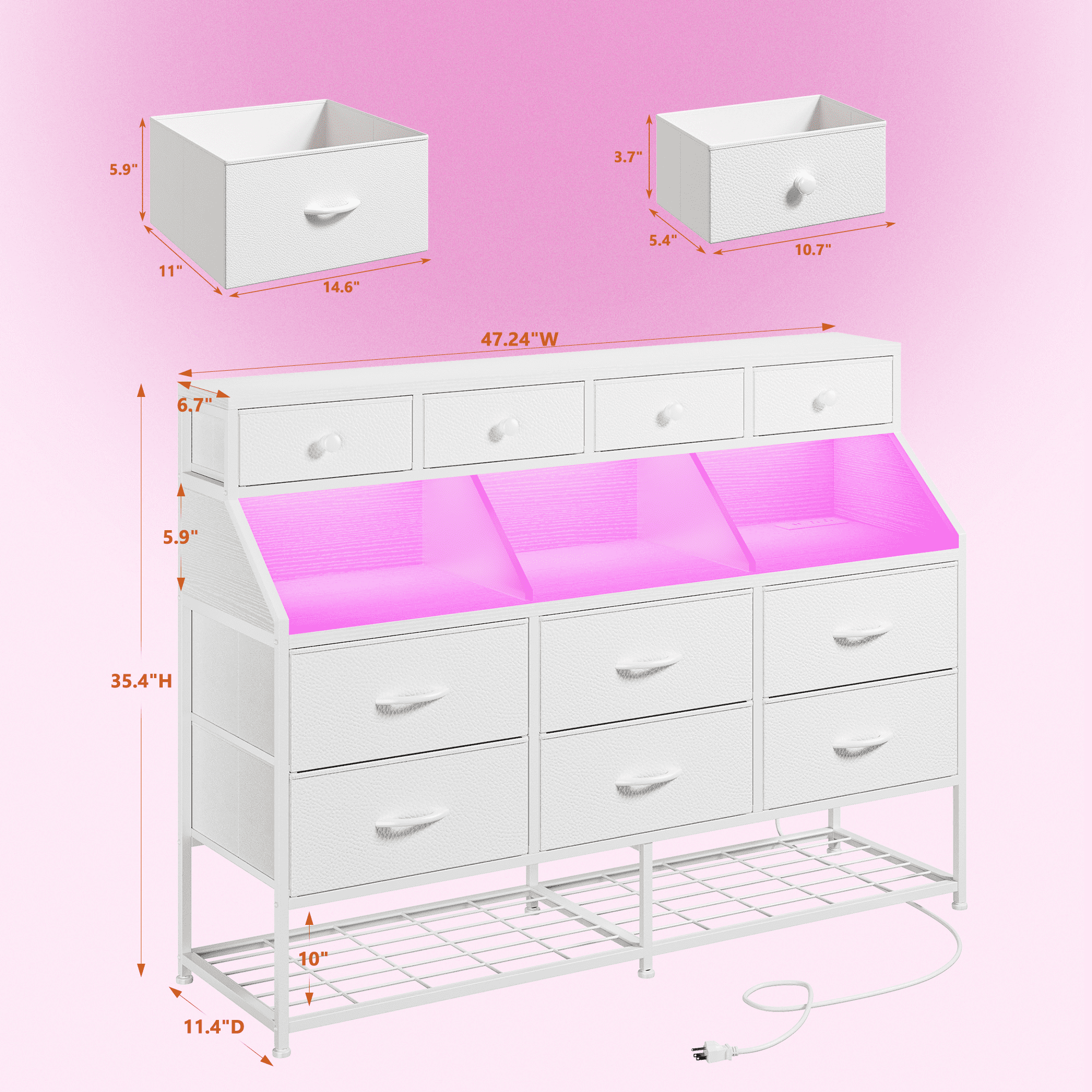 EnHomee White Dresser with Shoe Rack 10 Fabric Drawers Dressers for Bedroom Dressers & Chests of Drawers with Power Outlets and LED Lights