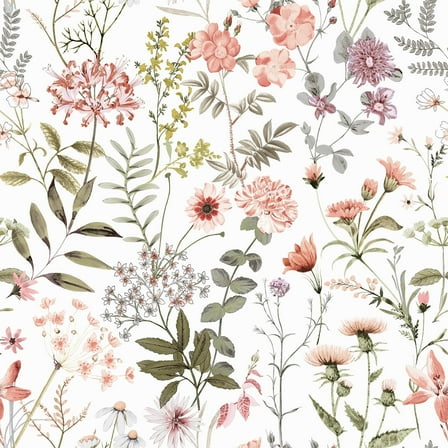 VEELIKE Wildflowers Floral Wallpaper Removable Pink Floral Peel and Stick Wallpaper for Girl's Bedroom Vintage Flower Wall Mural for Living Room Nursery 17.7"x118" Self Adhesive Vinyl Contact Paper
