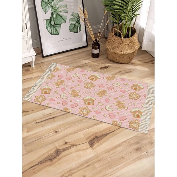 Pink Christmas Bath Rug 2x3ft Woven Bathroom Entryway Runner Rug,Xmas Gingerbread Winter Cane Candy Snowflakes Living Room Hallway Bedroom Kitchen Carpet with Tassels,Indoor Outdoor Throw Doormat