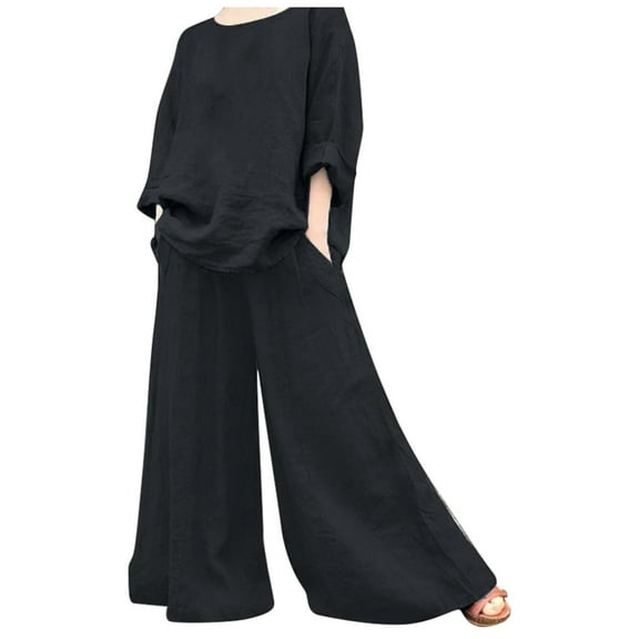BYHONG Women's Summer Fashion Casual Loose Solid Color Linen Shirt Long Sleeve Pants Set Two Piece Womens Pant Suits Black XXL