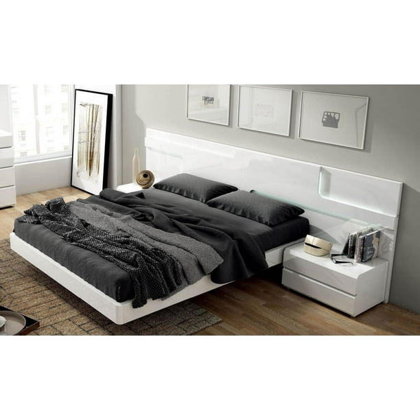 Modern White Lacquer Finish Platform, Modern King Bed With Attached Nightstands