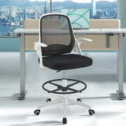 Homy Grigio Drafting Chair Tall Office Chair for Standing Desk with Flip-Up Arms , Adjustable Mesh Computer Desk Chair with Foot Rest Standing Desk Chair Lumbar Support (White)