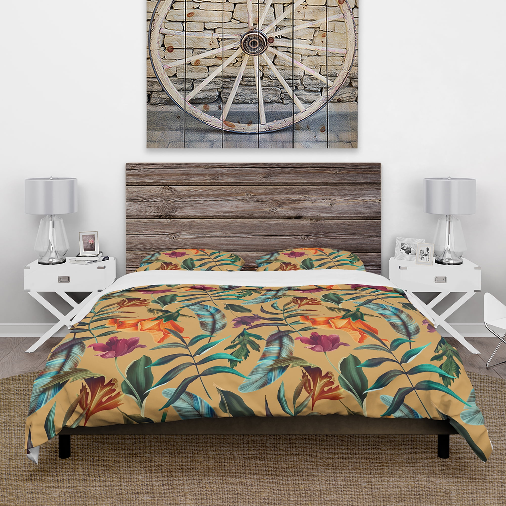 Designart 'Retro Tropical Flowers and Feathers' Vintage Duvet Cover Set