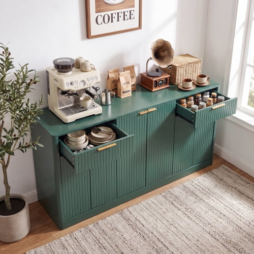 67" Fluted Buffet Sideboard, Modern Wine Bar Cabinet with 6 Doors & 2 Drawers, Coffee Bar Credenza for Dining Room, Living Room, Entryway, Dark green