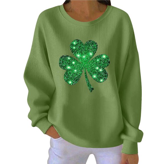 Saint Patricks Day Outfit Women Ribbed Long Sleeve Tops Green Irish Shamrock Print Sweatshirt Drop Shoulder Casual Pullover