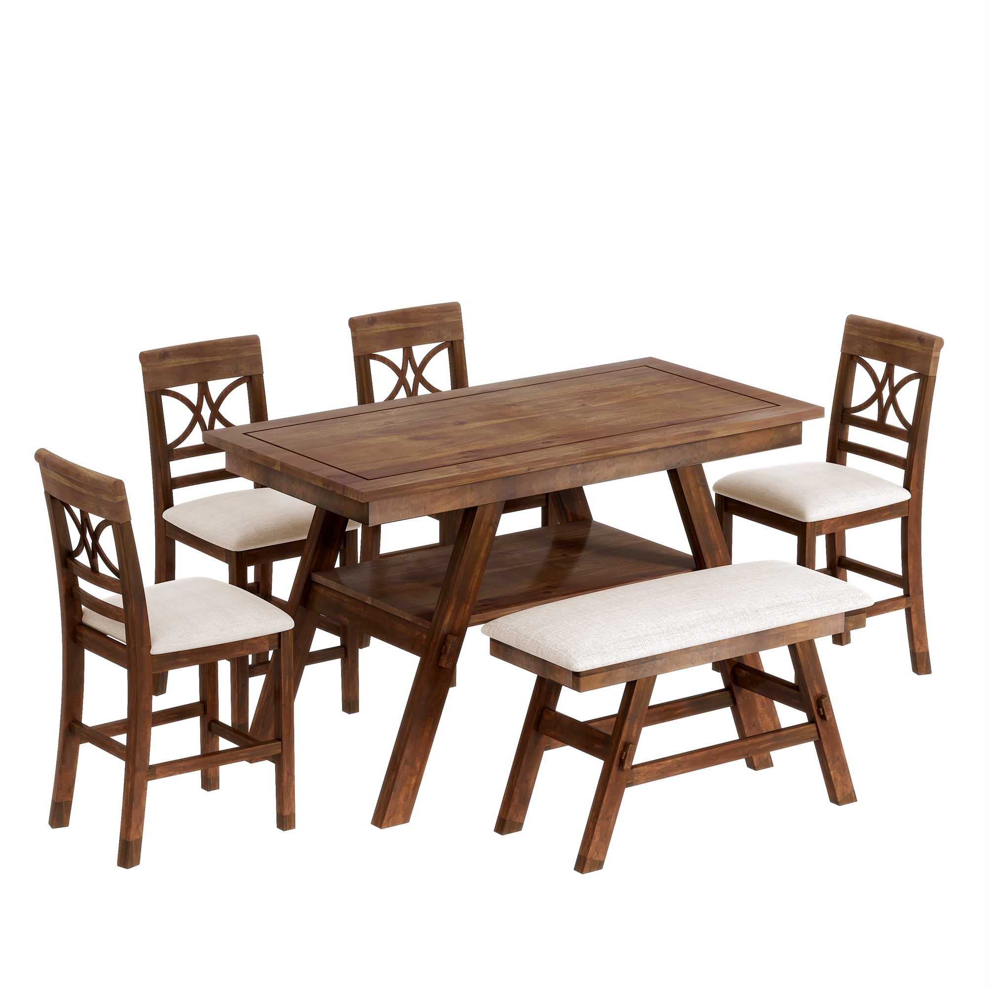 Harper & Bright Designs 6 Piece Wood Counter Height Dining Table Set with Storage Shelf, Kitchen Table Set with Bench and 4 Chairs, Walnut